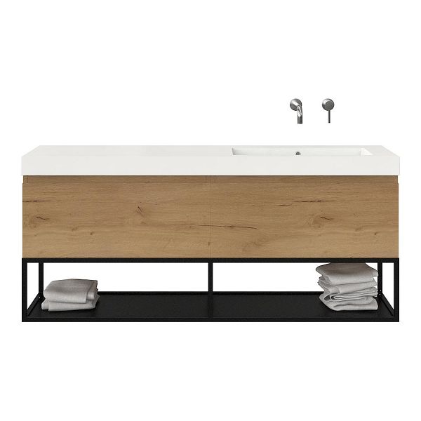 Texel Domburg/Veere/Cadzand badmeubel 160x46 2 softclose laden eiken natuur greeploos polystone enkele wastafel rechts wit zonder kraangat met mat zwart metalen frame, 70 cm hoog
