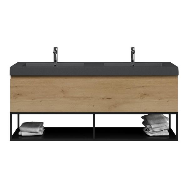 Texel Domburg/Veere/Cadzand badmeubel 160x46 2 softclose laden eiken natuur greeploos polystone dubbele wastafel mat grijs 2 kraangaten met mat zwart metalen frame