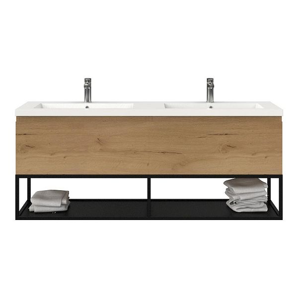 Texel Domburg/Veere/Cadzand badmeubel 160x46 2 softclose laden eiken natuur greeploos polystone dubbele wastafel wit 2 kraangaten met mat zwart metalen frame, 66 cm hoog