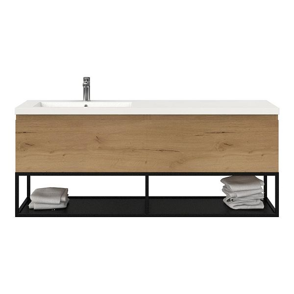 Texel Domburg/Veere/Cadzand badmeubel 160x46 2 softclose laden eiken natuur greeploos polystone enkele wastafel links wit met 1 kraangat met mat zwart metalen frame, 66 cm hoog