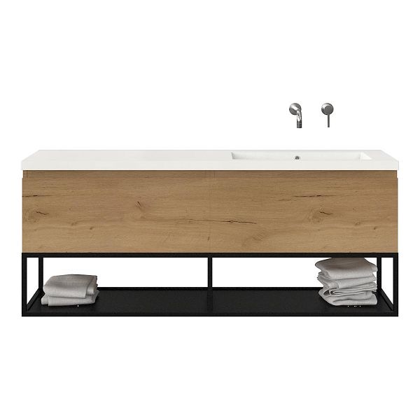 Texel Domburg/Veere/Cadzand badmeubel 160x46 2 softclose laden eiken natuur greeploos polystone enkele wastafel rechts wit zonder kraangat met mat zwart metalen frame, 66 cm hoog