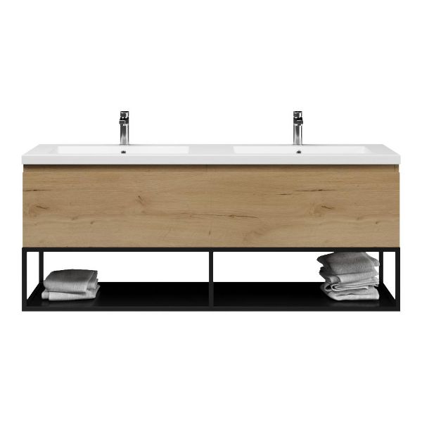 Texel Domburg/Veere/Cadzand badmeubel 160x46 2 softclose laden eiken natuur greeploos polystone dubbele wastafel mat grijs 2 kraangaten met mat zwart metalen frame