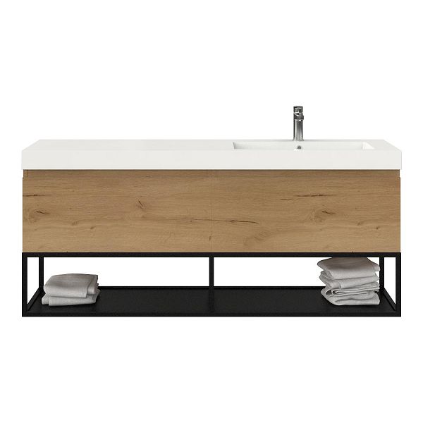 Texel Domburg/Veere/Cadzand badmeubel 160x46 2 softclose laden eiken natuur greeploos polystone enkele wastafel rechts wit met 1 kraangat met mat zwart metalen frame, 70 cm hoog