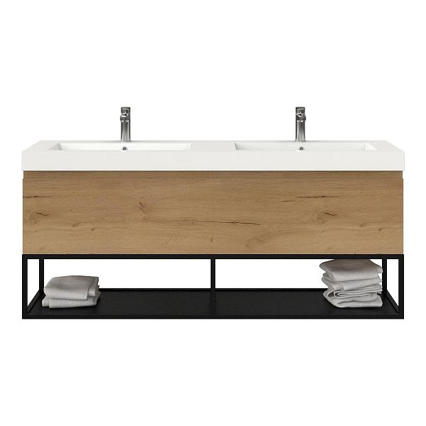 Texel Domburg/Veere/Cadzand badmeubel 160x46 2 softclose laden eiken natuur greeploos polystone dubbele wastafel wit 2 kraangaten met mat zwart metalen frame, 70 cm hoog