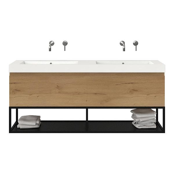 Texel Domburg/Veere/Cadzand badmeubel 160x46 2 softclose laden eiken natuur greeploos polystone dubbele wastafel wit zonder kraangaten met mat zwart metalen frame, 70 cm hoog