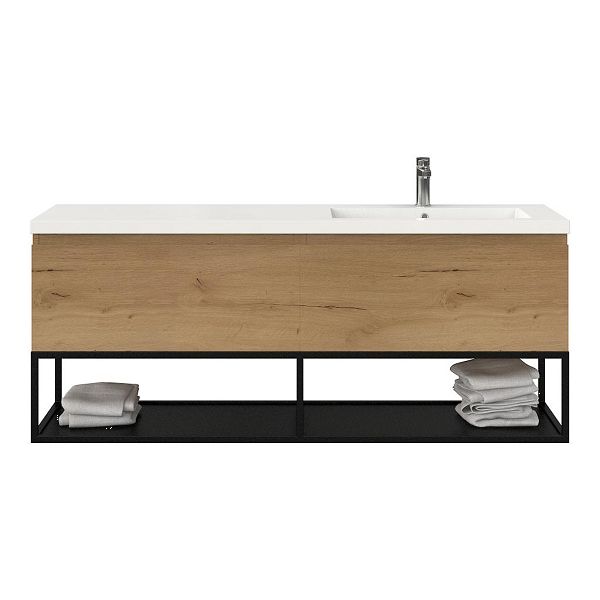 Texel Domburg/Veere/Cadzand badmeubel 160x46 2 softclose laden eiken natuur greeploos polystone enkele wastafel rechts wit met 1 kraangat met mat zwart metalen frame, 66 cm hoog