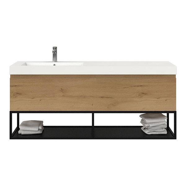 Texel Domburg/Veere/Cadzand badmeubel 160x46 2 softclose laden eiken natuur greeploos polystone enkele wastafel links wit met 1 kraangat met mat zwart metalen frame, 70 cm hoog