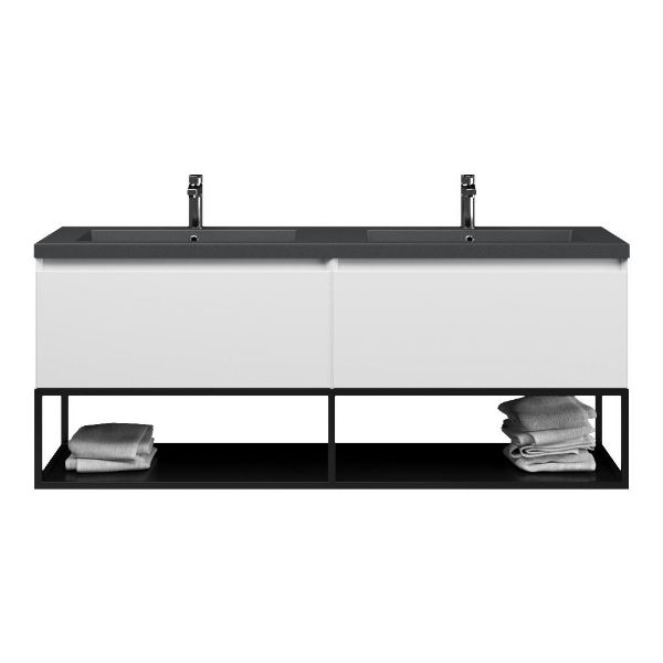 Texel Domburg/Veere/Cadzand badmeubel 160x46 2 softclose laden mat wit greeploos polystone dubbele wastafel mat grijs met 2 kraangaten met mat zwart metalen frame