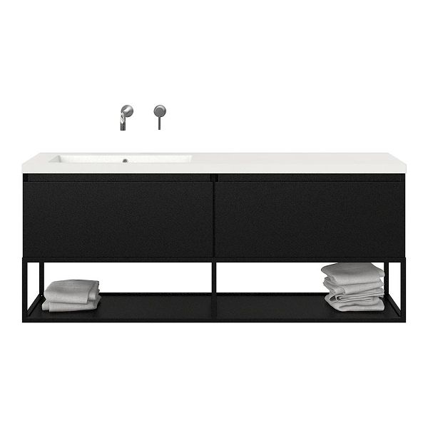 Texel Domburg/Veere/Cadzand badmeubel 160x46 2 softclose laden mat zwart greeploos polystone enkele wastafel links zonder kraangat met mat zwart metalen frame, 66 cm hoog
