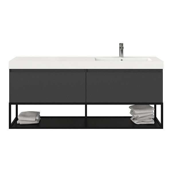 Texel Domburg/Veere/Cadzand badmeubel 160x46 2 softclose laden mat antraciet greeploos polystone enkele wastafel rechts wit met 1 kraangat met mat zwart metalen frame, 70 cm hoog