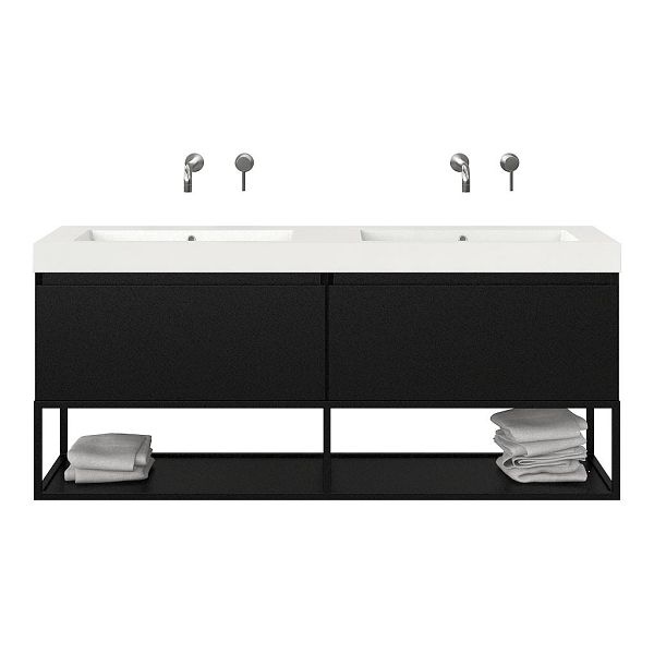 Texel Domburg/Veere/Cadzand badmeubel 160x46 2 softclose laden mat zwart greeploos polystone dubbele wastafel wit zonder kraangaten met mat zwart metalen frame, 70 cm hoog