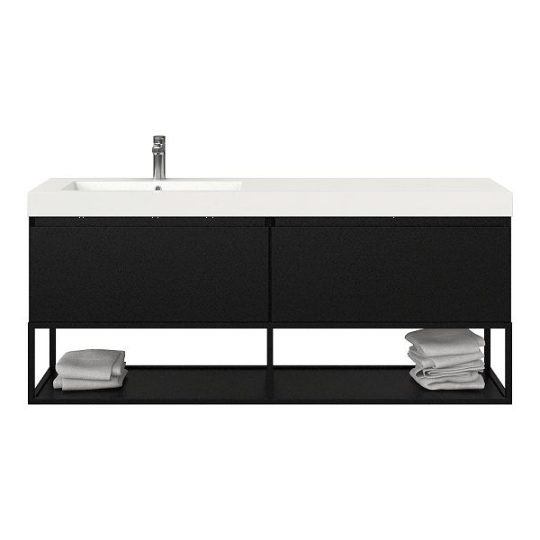 Texel Domburg/Veere/Cadzand badmeubel 160x46 2 softclose laden mat zwart greeploos polystone enkele wastafel links wit met 1 kraangat met mat zwart metalen frame, 70 cm hoog