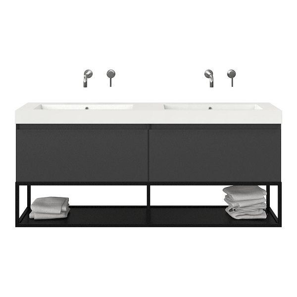 Texel Domburg/Veere/Cadzand badmeubel 160x46 2 softclose laden mat antraciet greeploos polystone dubbele wastafel wit zonder kraangaten met mat zwart metalen frame, 70 cm hoog