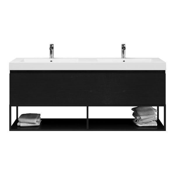 Texel Domburg/Veere/Cadzand badmeubel 160x46 2 softclose laden mat zwart eiken greeploos polystone dubbele wastafel wit 2 kraangaten met mat zwart metalen frame