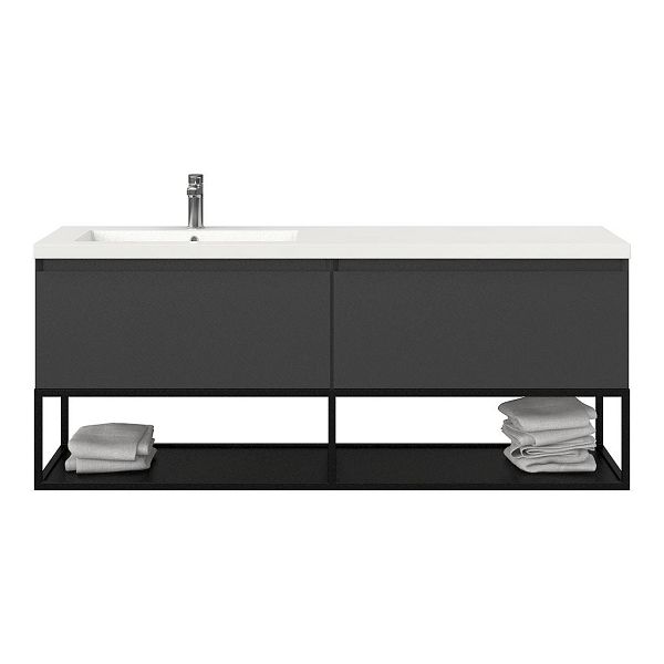 Texel Domburg/Veere/Cadzand badmeubel 160x46 2 softclose laden mat antraciet greeploos polystone enkele wastafel links wit met 1 kraangat met mat zwart metalen frame, 66 cm hoog
