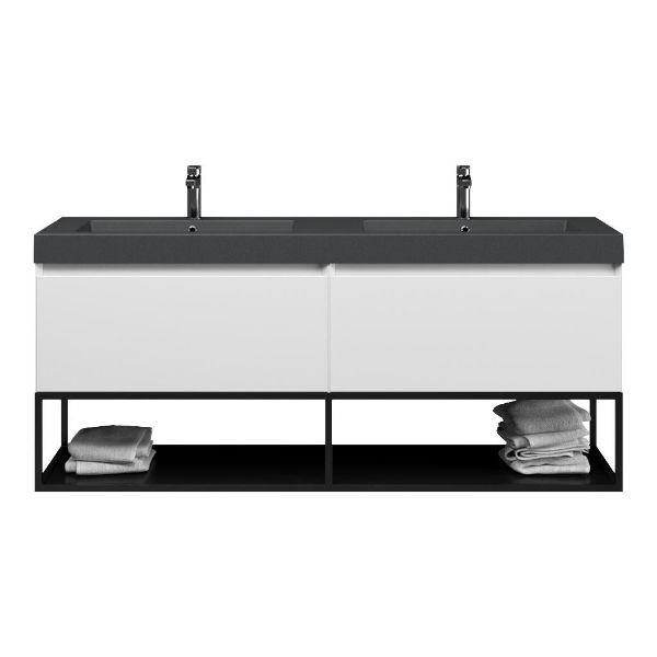 Texel Domburg/Veere/Cadzand badmeubel 160x46 2 softclose laden mat wit greeploos polystone dubbele wastafel mat grijs met 2 kraangaten met mat zwart metalen frame