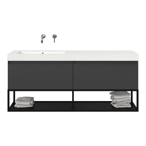Texel Domburg/Veere/Cadzand badmeubel 160x46 2 softclose laden mat antraciet greeploos polystone enkele wastafel links zonder kraangat met mat zwart metalen frame, 70 cm hoog