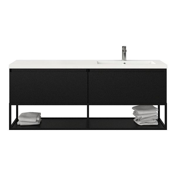 Texel Domburg/Veere/Cadzand badmeubel 160x46 2 softclose laden mat zwart greeploos polystone enkele wastafel rechts wit met 1 kraangat met mat zwart metalen frame, 66 cm hoog
