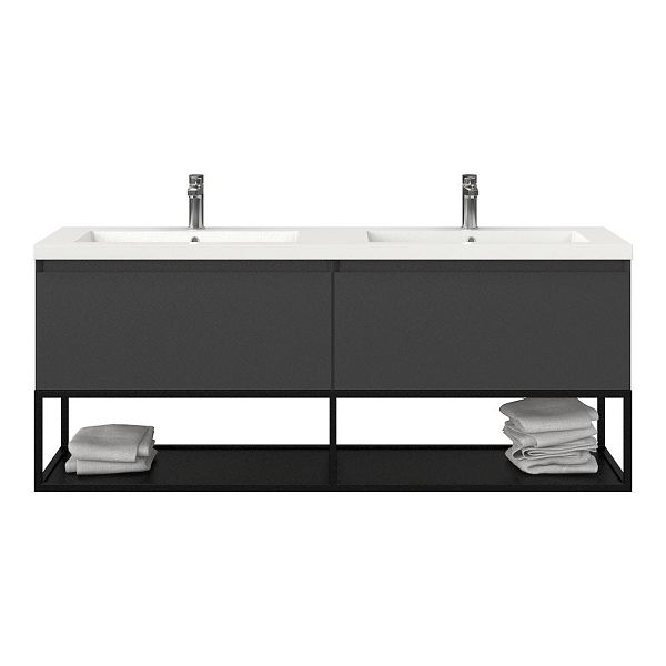 Texel Domburg/Veere/Cadzand badmeubel 160x46 2 softclose laden mat antraciet greeploos polystone dubbele wastafel wit met 2 kraangaten met mat zwart metalen frame