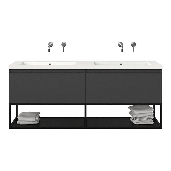 Texel Domburg/Veere/Cadzand badmeubel 160x46 2 softclose laden mat antraciet greeploos polystone dubbele wastafel wit zonder kraangaten met mat zwart metalen frame, 66 cm hoog