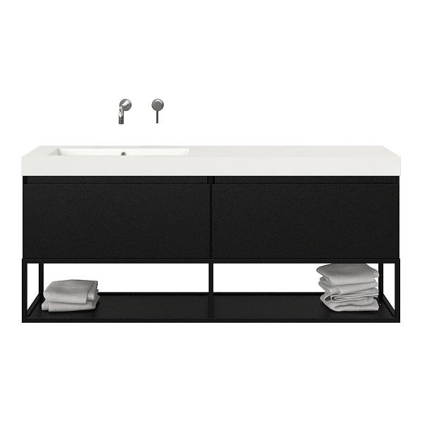 Texel Domburg/Veere/Cadzand badmeubel 160x46 2 softclose laden mat zwart greeploos polystone enkele wastafel links zonder kraangat met mat zwart metalen frame, 70 cm hoog