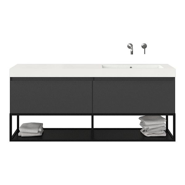 Texel Domburg/Veere/Cadzand badmeubel 160x46 2 softclose laden mat antraciet greeploos polystone enkele wastafel rechts zonder kraangat met mat zwart metalen frame, 70 cm hoog