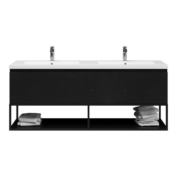 Texel Domburg/Veere/Cadzand badmeubel 160x46 2 softclose laden mat zwart eiken greeploos polystone dubbele wastafel mat grijs 2 kraangaten met mat zwart metalen frame