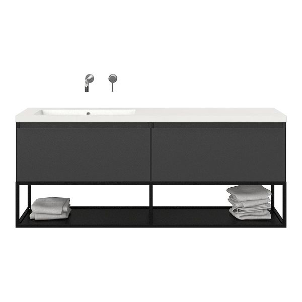 Texel Domburg/Veere/Cadzand badmeubel 160x46 2 softclose laden mat antraciet greeploos polystone enkele wastafel links zonder kraangat met mat zwart metalen frame, 66 cm hoog