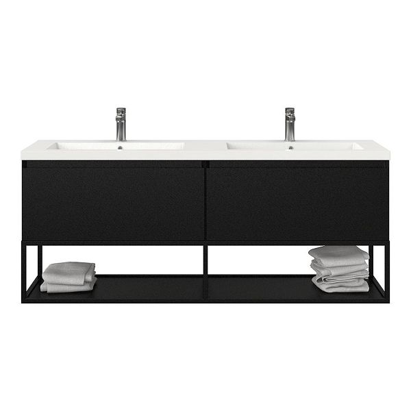 Texel Domburg/Veere/Cadzand badmeubel 160x46 2 softclose laden mat zwart greeploos polystone dubbele wastafel wit met 2 kraangaten met mat zwart metalen frame, 66 cm hoog