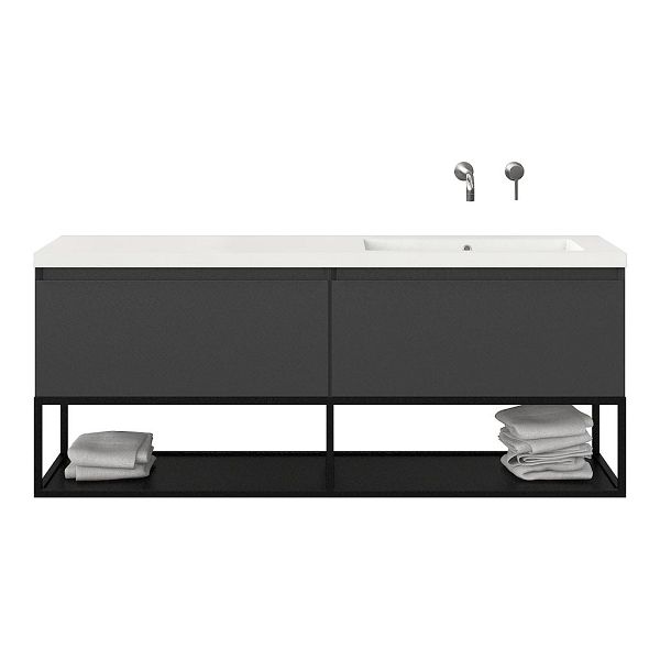 Texel Domburg/Veere/Cadzand badmeubel 160x46 2 softclose laden mat antraciet greeploos polystone enkele wastafel rechts zonder kraangat met mat zwart metalen frame, 66 cm hoog