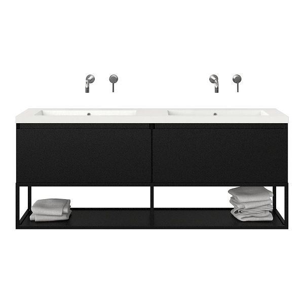 Texel Domburg/Veere/Cadzand badmeubel 160x46 2 softclose laden mat zwart greeploos polystone dubbele wastafel wit zonder kraangaten met mat zwart metalen frame, 66 cm hoog