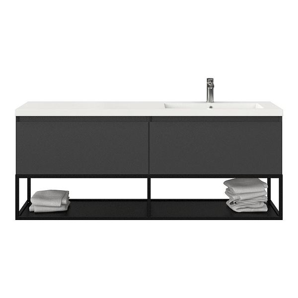 Texel Domburg/Veere/Cadzand badmeubel 160x46 2 softclose laden mat antraciet greeploos polystone enkele wastafel rechts wit met 1 kraangat met mat zwart metalen frame, 66 cm hoog