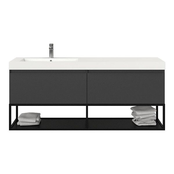 Texel Domburg/Veere/Cadzand badmeubel 160x46 2 softclose laden mat antraciet greeploos polystone enkele wastafel links wit met 1 kraangat met mat zwart metalen frame, 70 cm hoog