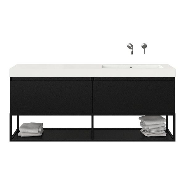 Texel Domburg/Veere/Cadzand badmeubel 160x46 2 softclose laden mat zwart greeploos polystone enkele wastafel rechts zonder kraangat met mat zwart metalen frame, 70 cm hoog