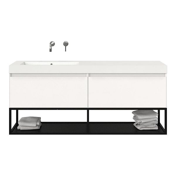 Texel Domburg/Veere/Cadzand badmeubel 160x46 2 softclose laden mat wit greeploos polystone enkele wastafel links zonder kraangat met mat zwart metalen frame