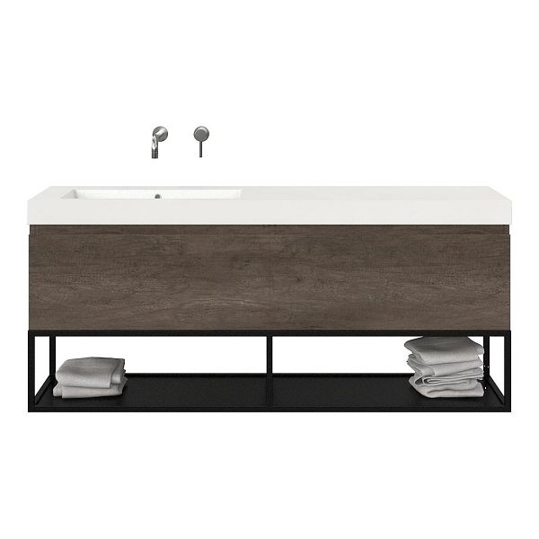 Texel Domburg/Veere/Cadzand badmeubel 160x46 2 softclose laden olm donker grijs greeploos polystone enkele wastafel links wit zonder kraangat met mat zwart metalen frame