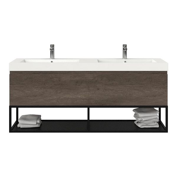 Texel Domburg/Veere/Cadzand badmeubel 160x46 2 softclose laden olm donker grijs greeploos polystone dubbele wastafel wit 2 kraangaten met mat zwart metalen frame