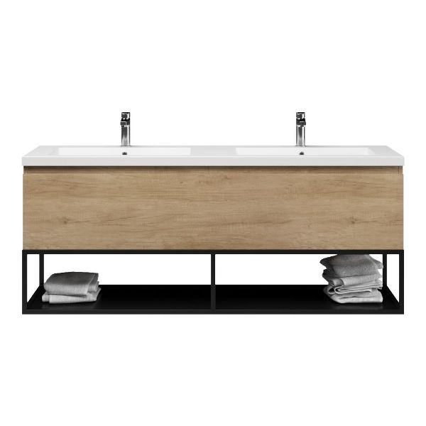 Texel Domburg/Veere/Cadzand badmeubel 160x46 2 softclose laden olm greeploos polystone dubbele wastafel mat grijs 2 kraangaten met mat zwart metalen frame