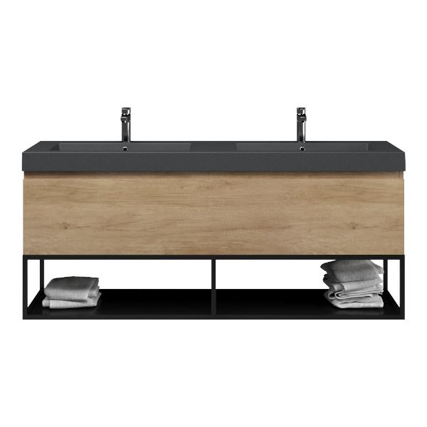 Texel Domburg/Veere/Cadzand badmeubel 160x46 2 softclose laden olm greeploos polystone dubbele wastafel mat grijs 2 kraangaten met mat zwart metalen frame