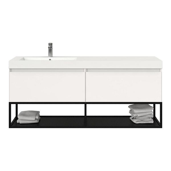 Texel Domburg/Veere/Cadzand badmeubel 160x46 2 softclose laden hoogglans wit greeploos polystone enkele wastafel links wit met 1 kraangat met mat zwart metalen frame, 70 cm hoog