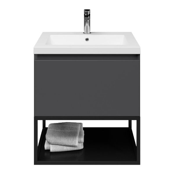 Texel Domburg/Veere/Cadzand badmeubel 60x46 1 softclose lade antraciet mat greeploos polystone wastafel mat wit met 1 kraangat met mat zwart metalen frame