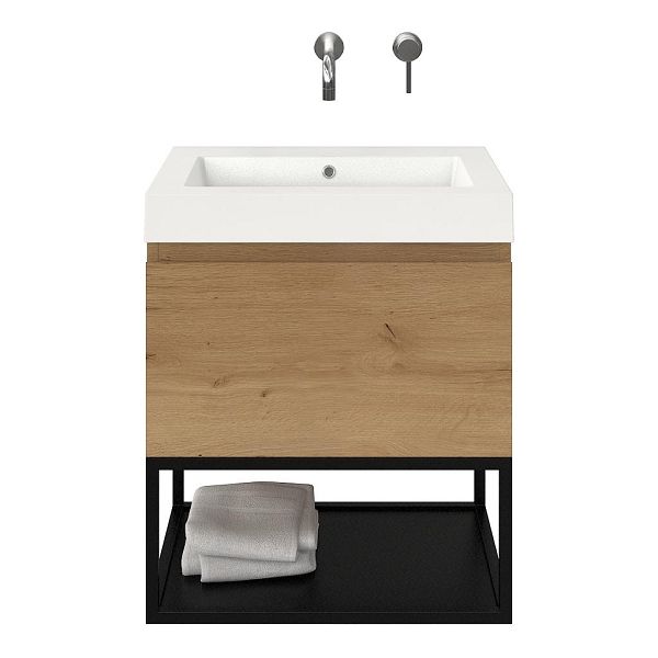 Texel Domburg/Veere/Cadzand badmeubel 60x46 1 softclose lade eiken natuur greeploos polystone wastafel wit zonder kraangaten met mat zwart metalen frame
