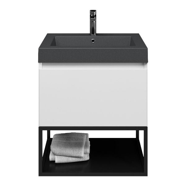 Texel Domburg/Veere/Cadzand badmeubel 60x46 1 softclose lade wit hoogglans greeploos quartz wastafel mat grijs met 1 kraangat met mat zwart metalen frame