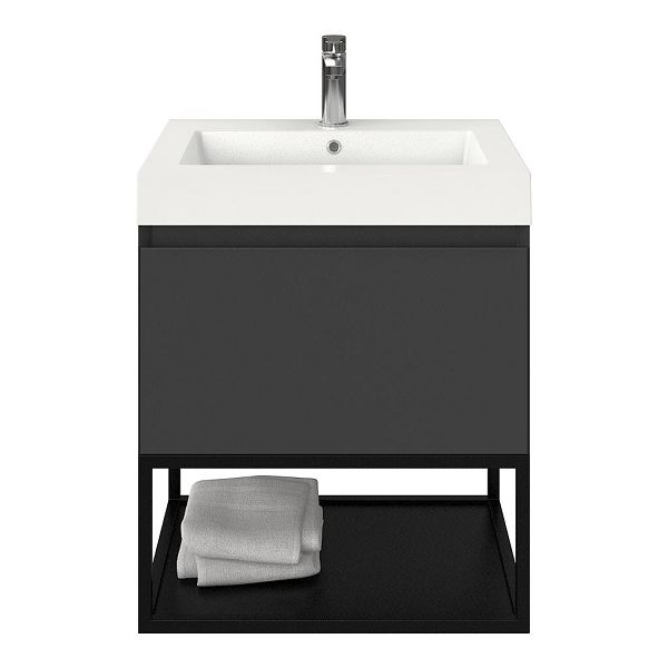Texel Domburg/Veere/Cadzand badmeubel 60x46 1 softclose lade antraciet mat greeploos polystone wastafel wit met 1 kraangat met mat zwart metalen frame