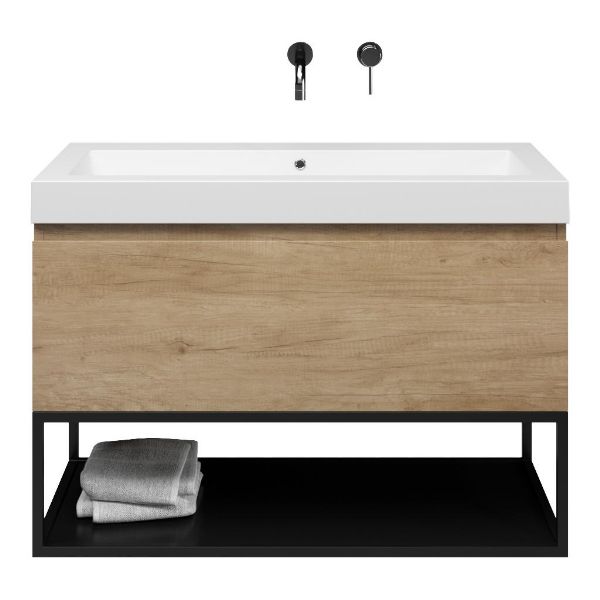 Texel Domburg/Veere/Cadzand-Q badmeubel 100x46 1 softclose lade olm greeploos quartz wastafel mat wit zonder kraangaten met mat zwart metalen frame