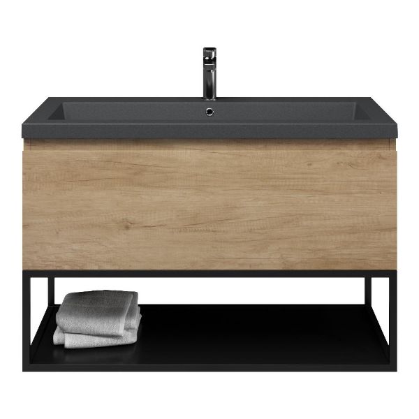 Texel Domburg/Veere/Cadzand-Q badmeubel 100x46 1 softclose lade olm greeploos quartz wastafel mat grijs met 1 kraangat met mat zwart metalen frame