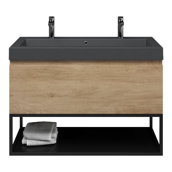 Texel Domburg/Veere/Cadzand-Q badmeubel 100x46 1 softclose lade olm greeploos quartz wastafel mat grijs met 2 kraangaten met mat zwart metalen frame