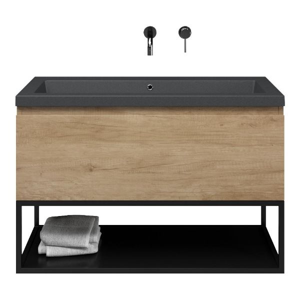 Texel Domburg/Veere/Cadzand-Q badmeubel 100x46 1 softclose lade olm greeploos quartz wastafel mat grijs zonder kraangat met mat zwart metalen frame