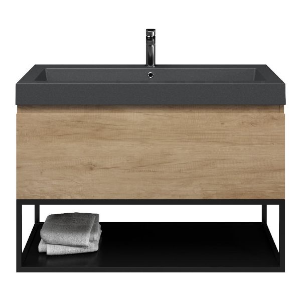 Texel Domburg/Veere/Cadzand-Q badmeubel 100x46 1 softclose lade olm greeploos quartz wastafel mat grijs met 1 kraangat met mat zwart metalen frame