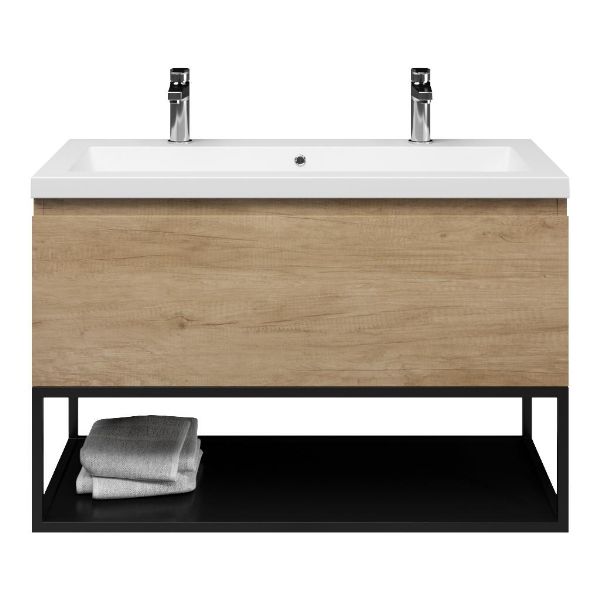 Texel Domburg/Veere/Cadzand-Q badmeubel 100x46 1 softclose lade olm greeploos wastafel mat wit met 2 kraangaten met mat zwart metalen frame